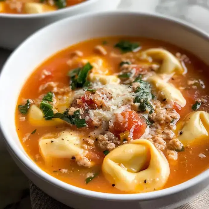 A close-up of a bowl of soup featuring tortellini, ground meat, tomatoes, and leafy greens, topped with grated cheese.