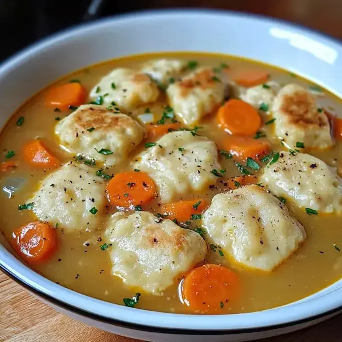 A bowl of chicken and dumpling soup featuring fluffy dumplings and sliced carrots in a flavorful broth, garnished with herbs.