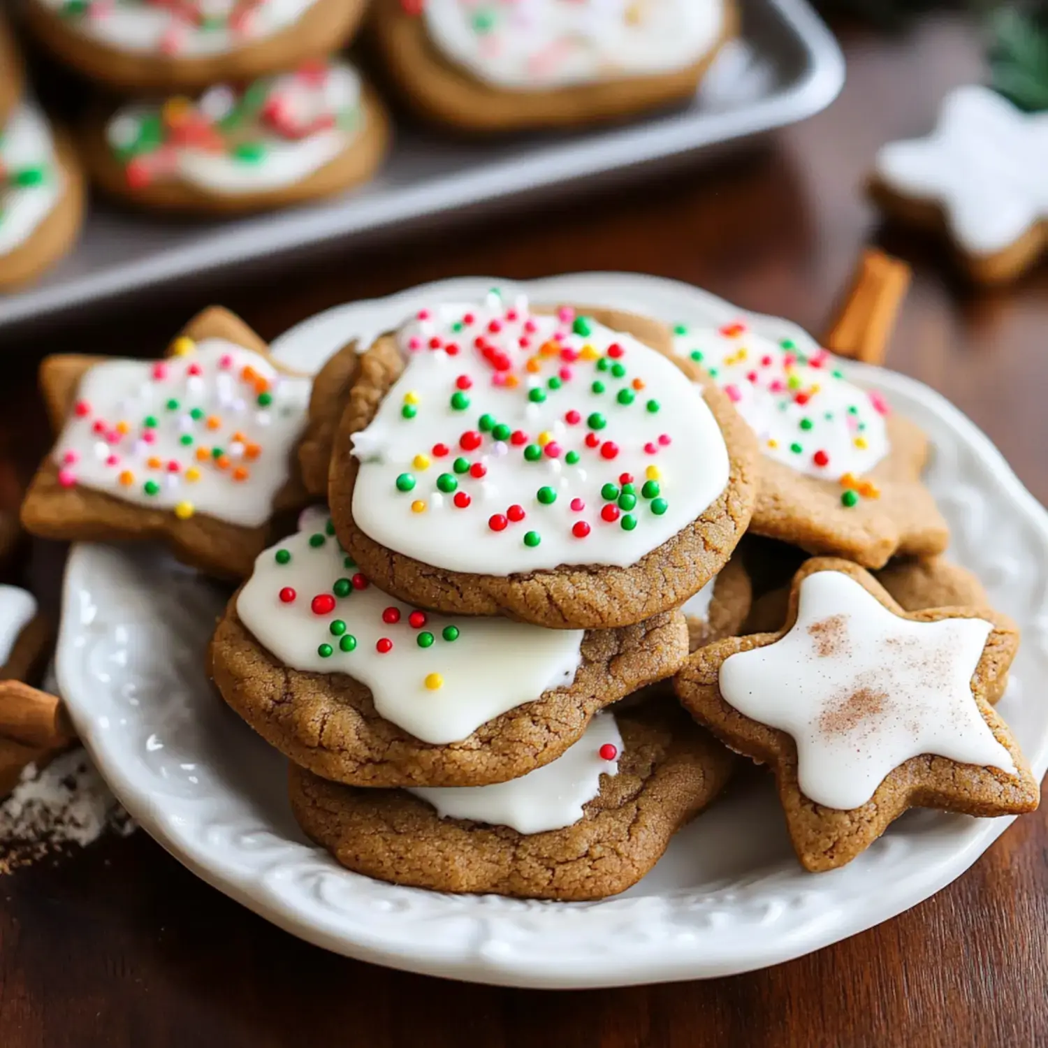 A plate of festive cookies decorated with white icing and colorful sprinkles, including star-shaped cookies and traditional round cookies.