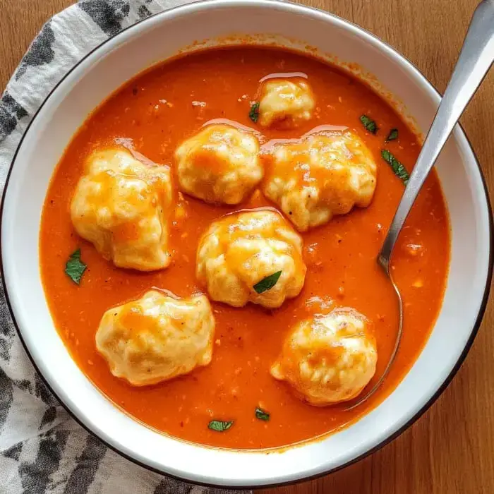 A bowl of tomato soup with dumplings topped with melted cheese and garnished with parsley.