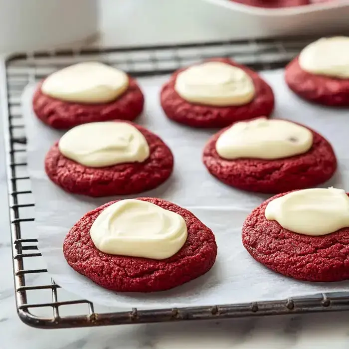 A cooling rack holds several red velvet cookies topped with a creamy white frosting.