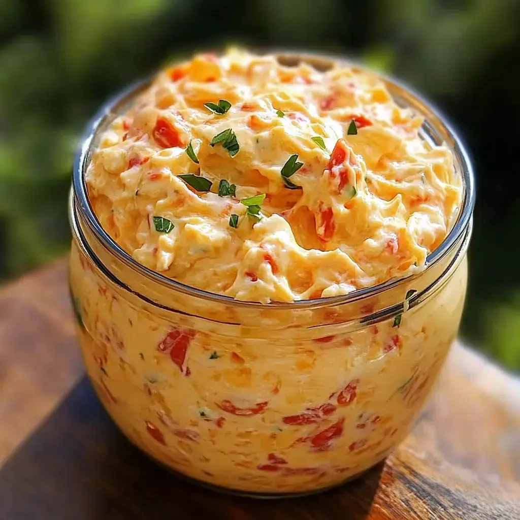 A glass jar filled with creamy cheese spread mixed with red peppers and garnished with fresh herbs.