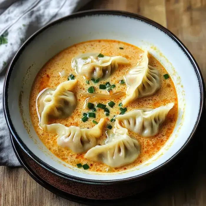 A bowl of dumplings in a creamy, spicy broth garnished with chopped green onions.