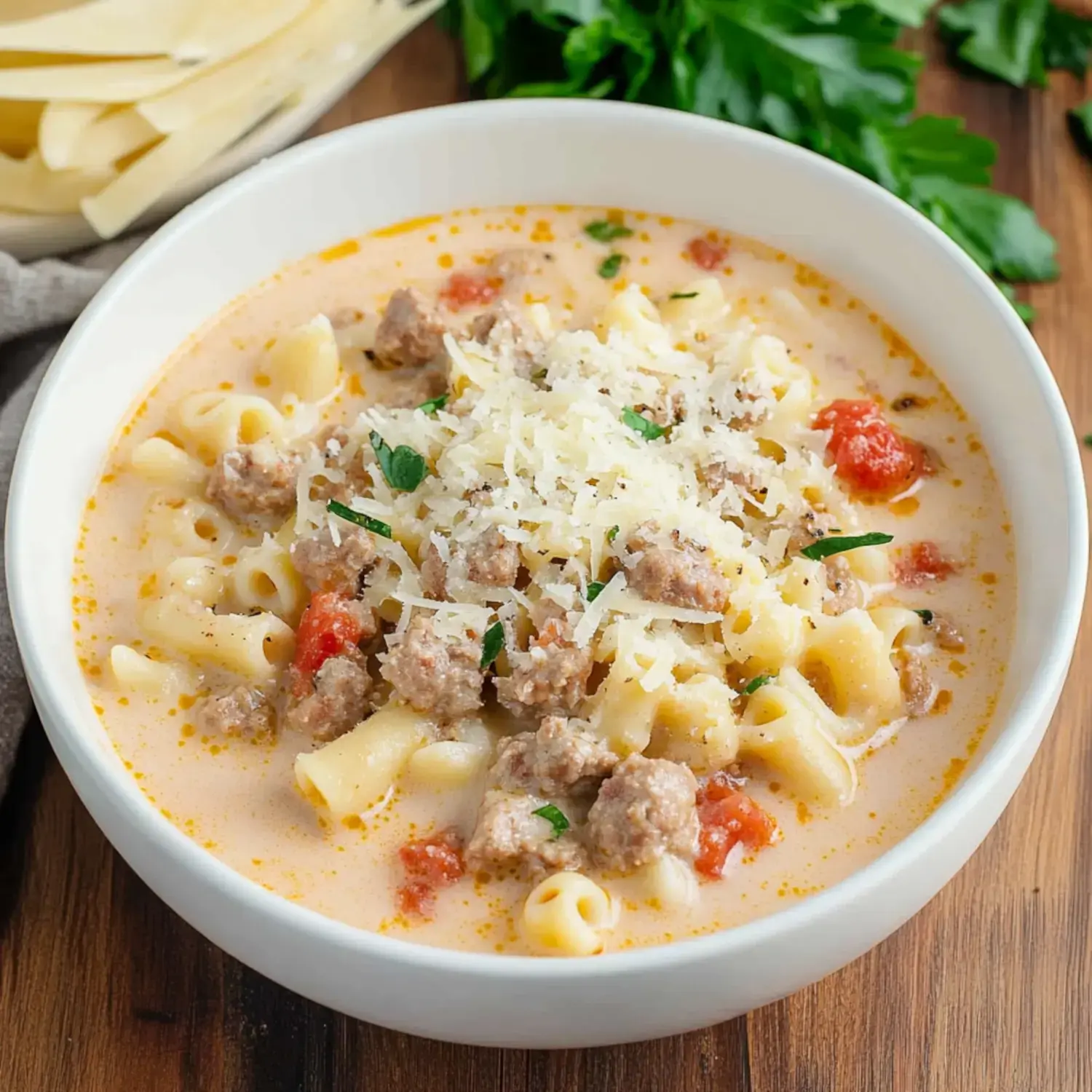 A bowl of creamy pasta soup featuring macaroni, ground meat, diced tomatoes, and topped with grated cheese and fresh herbs.