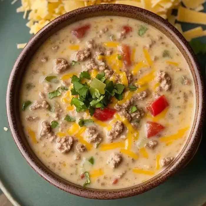 A bowl of creamy soup topped with ground meat, diced tomatoes, shredded cheese, and fresh herbs.