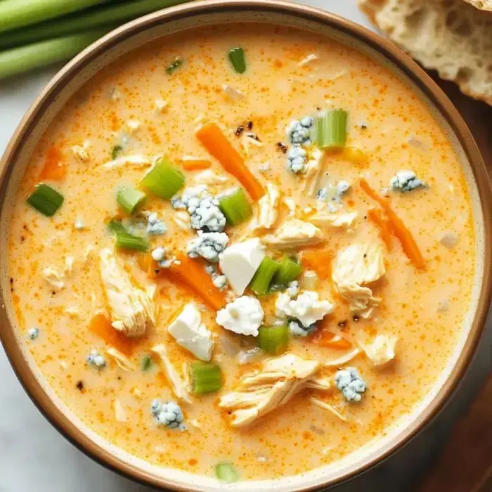 A creamy soup in a bowl, topped with shredded chicken, celery, carrots, and blue cheese crumbles.