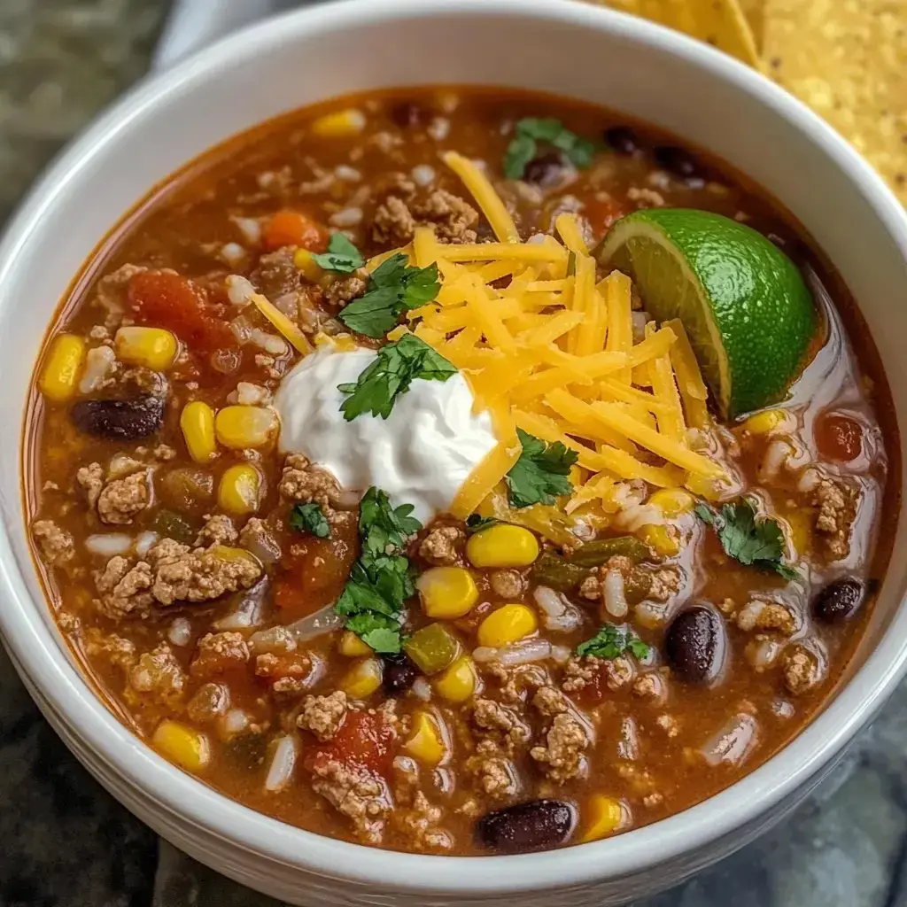 A bowl of chili filled with ground meat, black beans, corn, topped with shredded cheese, sour cream, cilantro, and a lime wedge.