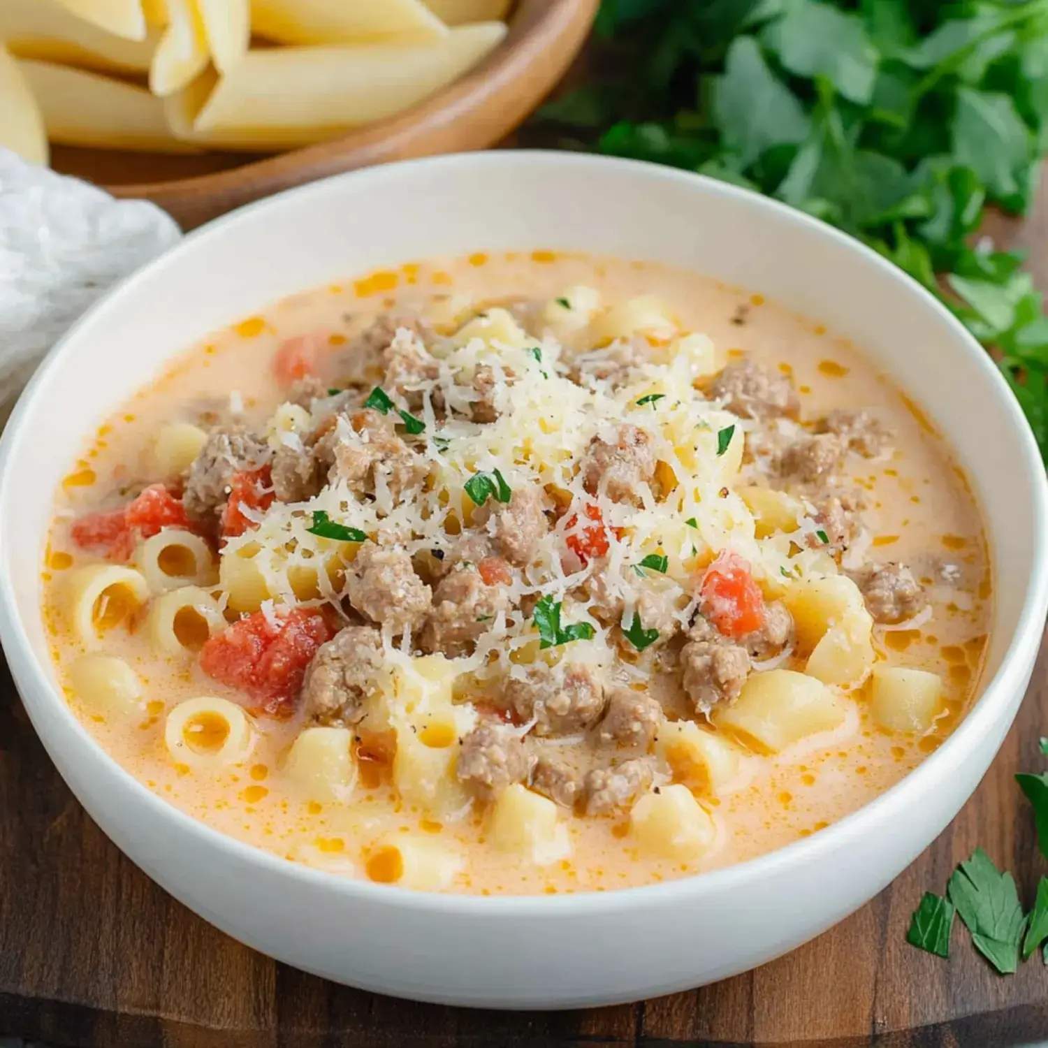 A bowl of creamy pasta soup with ground meat, diced tomatoes, and shredded cheese, garnished with parsley.