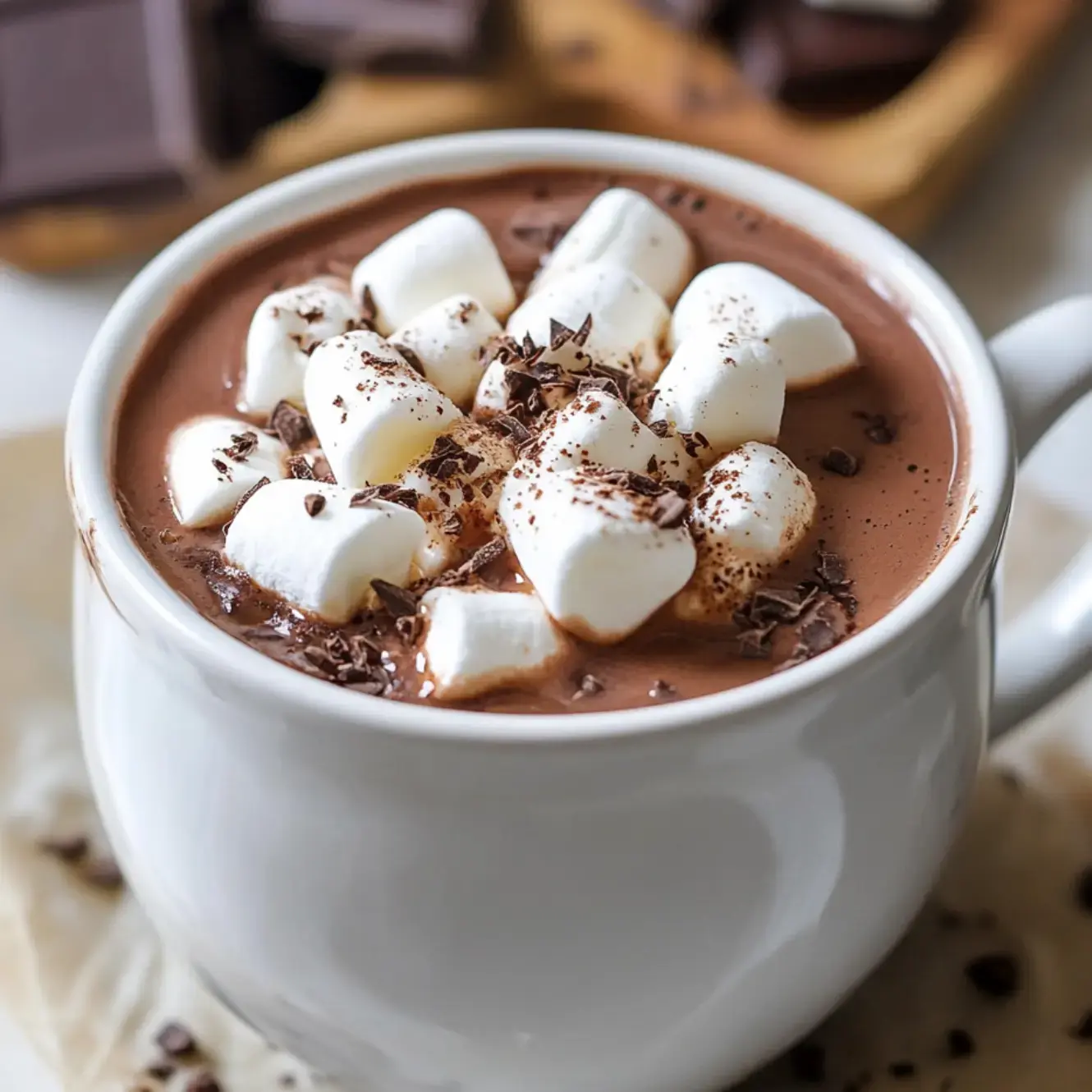 A creamy mug of hot chocolate topped with fluffy marshmallows and chocolate shavings.