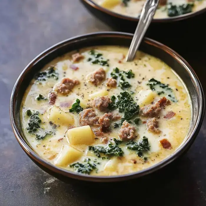 A bowl of creamy soup with sausage, kale, and diced potatoes, garnished with black pepper.