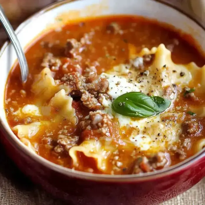 A bowl of hearty lasagna soup topped with a dollop of ricotta cheese and fresh basil.