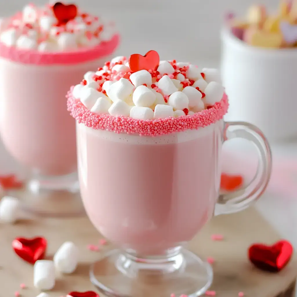 Two clear glass mugs filled with pink hot chocolate topped with marshmallows, pink sprinkles, and heart-shaped decorations, surrounded by festive candy hearts.