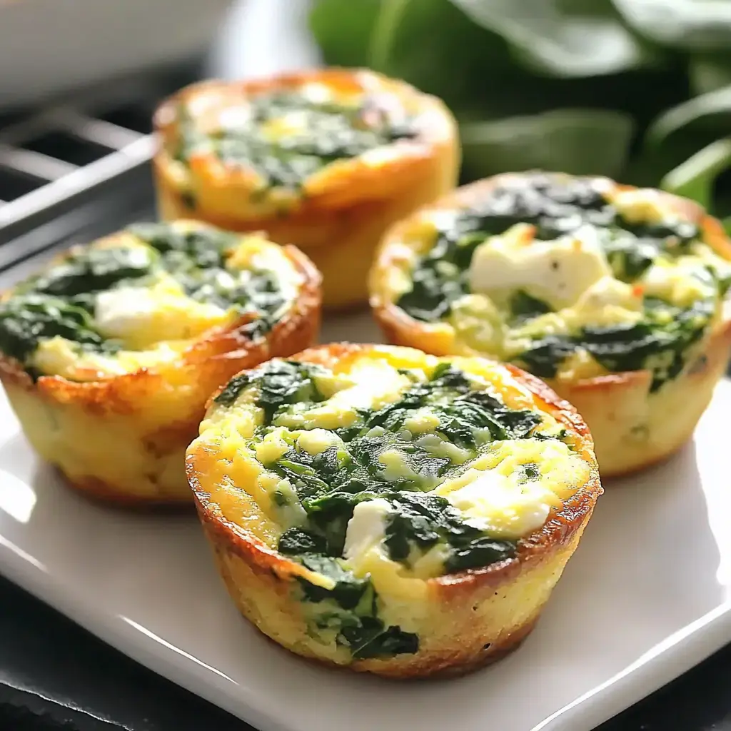 A plate of four baked spinach and cheese muffins, with a side of fresh spinach leaves.