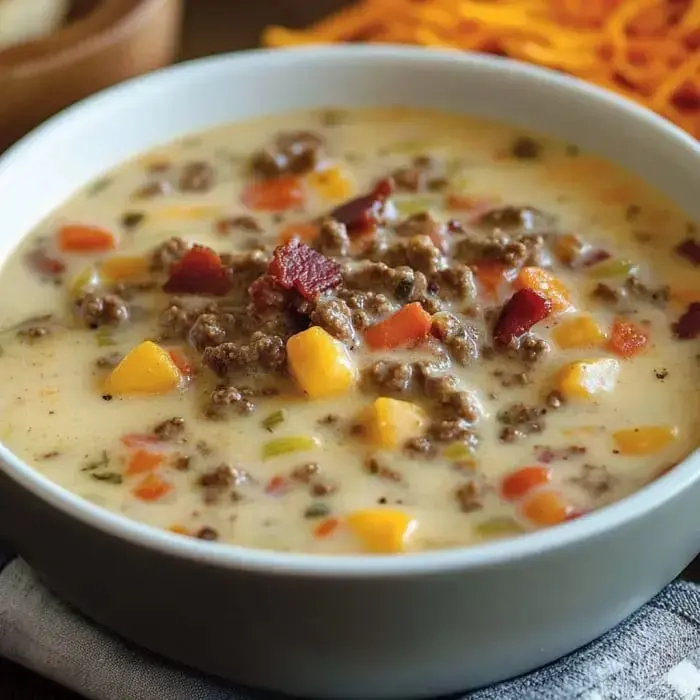 A creamy soup with ground meat, diced vegetables, and seasonings in a white bowl.