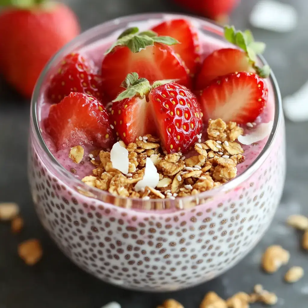 A glass bowl filled with a chia seed pudding topped with fresh strawberries, granola, and coconut flakes.