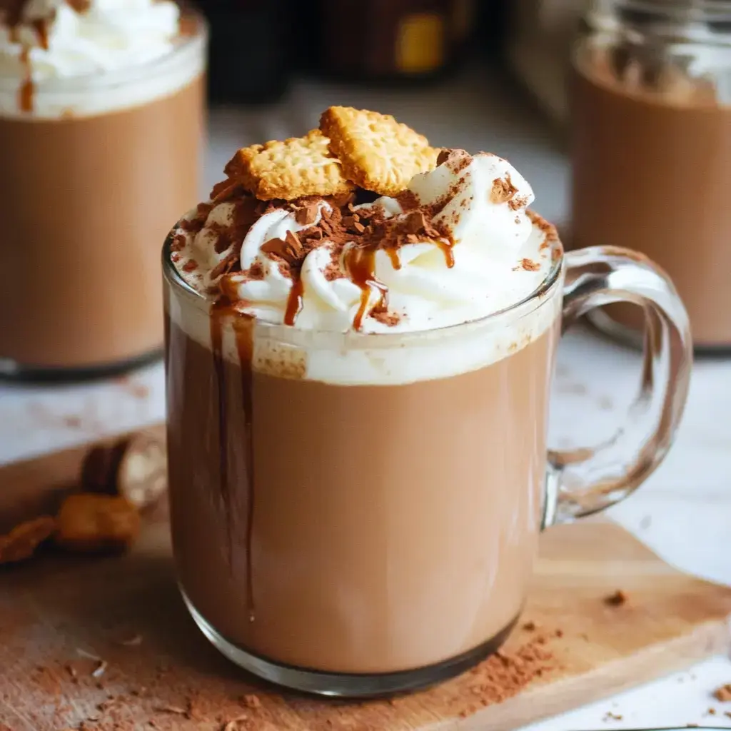 A glass mug filled with creamy hot chocolate, topped with whipped cream, chocolate drizzle, and cookie pieces, is set on a wooden surface.