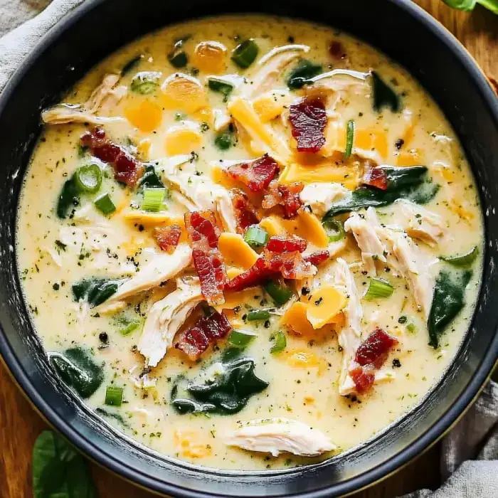 A bowl of creamy chicken soup with spinach, shredded chicken, chopped green onions, cheddar cheese, and crispy bacon bits.