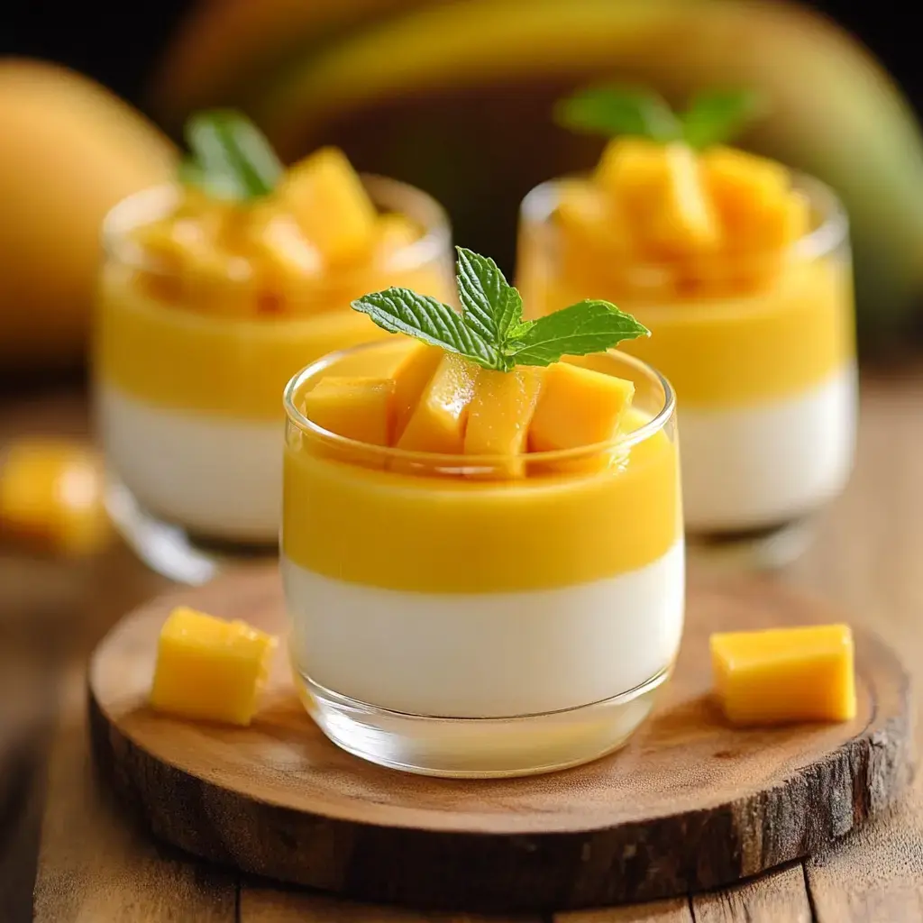 Three dessert cups filled with layers of creamy white and bright yellow mango puree, topped with fresh mango cubes and a mint leaf, displayed on a wooden surface.