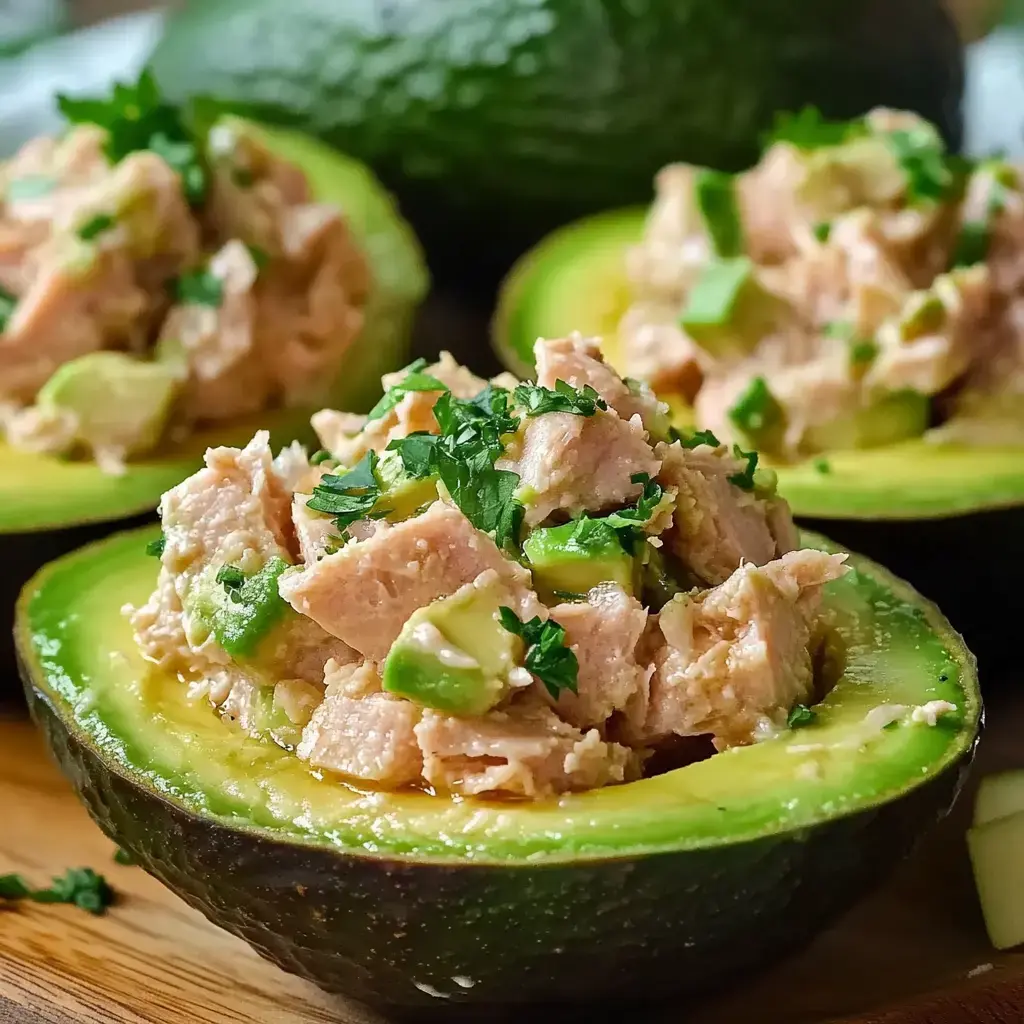 Halved avocados filled with a mixture of tuna, green onions, and fresh cilantro.