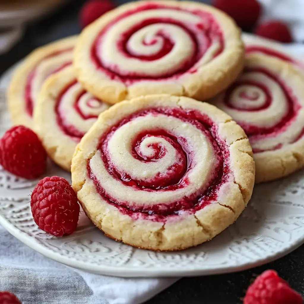 A plate of spiral-shaped raspberry swirl cookies is presented with fresh raspberries alongside.