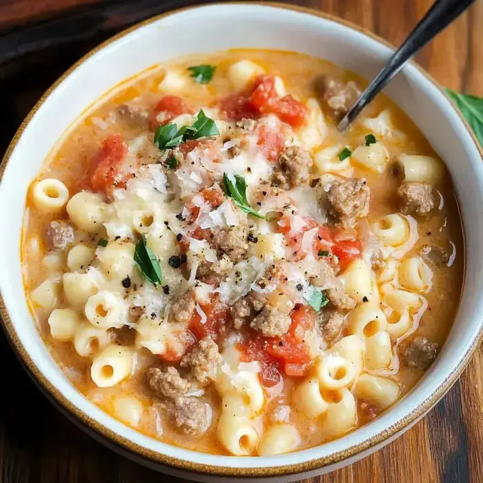 A bowl of hearty soup featuring small pasta, ground meat, diced tomatoes, and garnished with herbs and cheese.