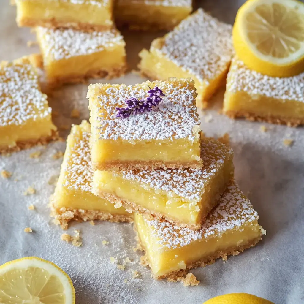 A stack of lemon bars dusted with powdered sugar, garnished with a lavender sprig, alongside fresh lemon slices.