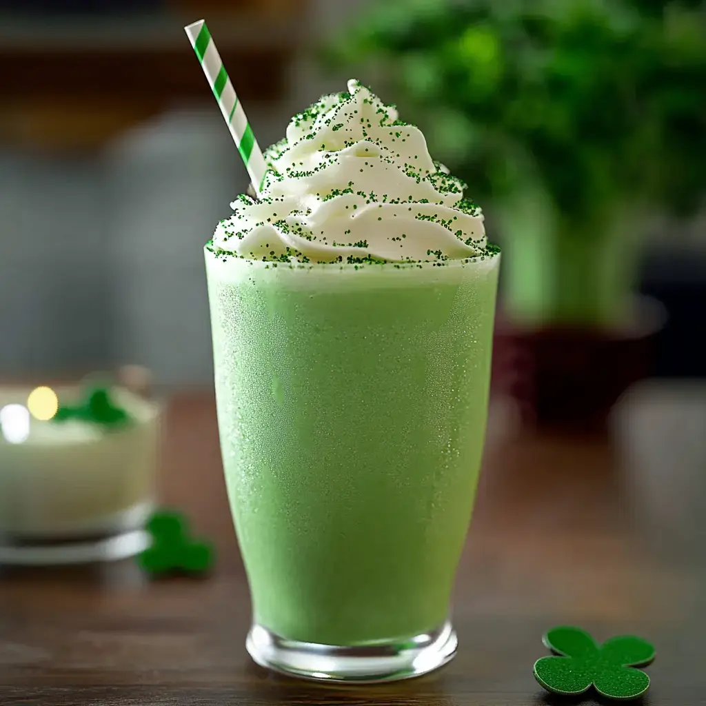 A tall glass filled with a green beverage topped with whipped cream and green sprinkles, accompanied by a green straw and shamrock decorations.