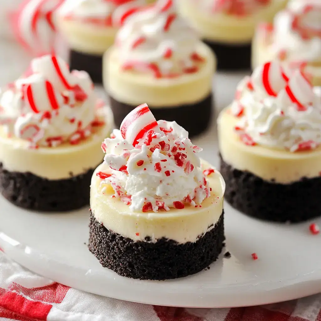 A plate of mini desserts featuring chocolate bases topped with creamy cheesecake, whipped cream, and crushed peppermint candies.