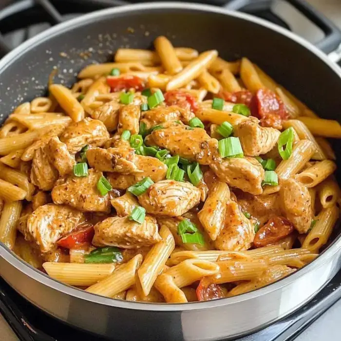 A skillet filled with penne pasta, diced chicken, and chopped green onions, garnished with red tomatoes in a creamy sauce.