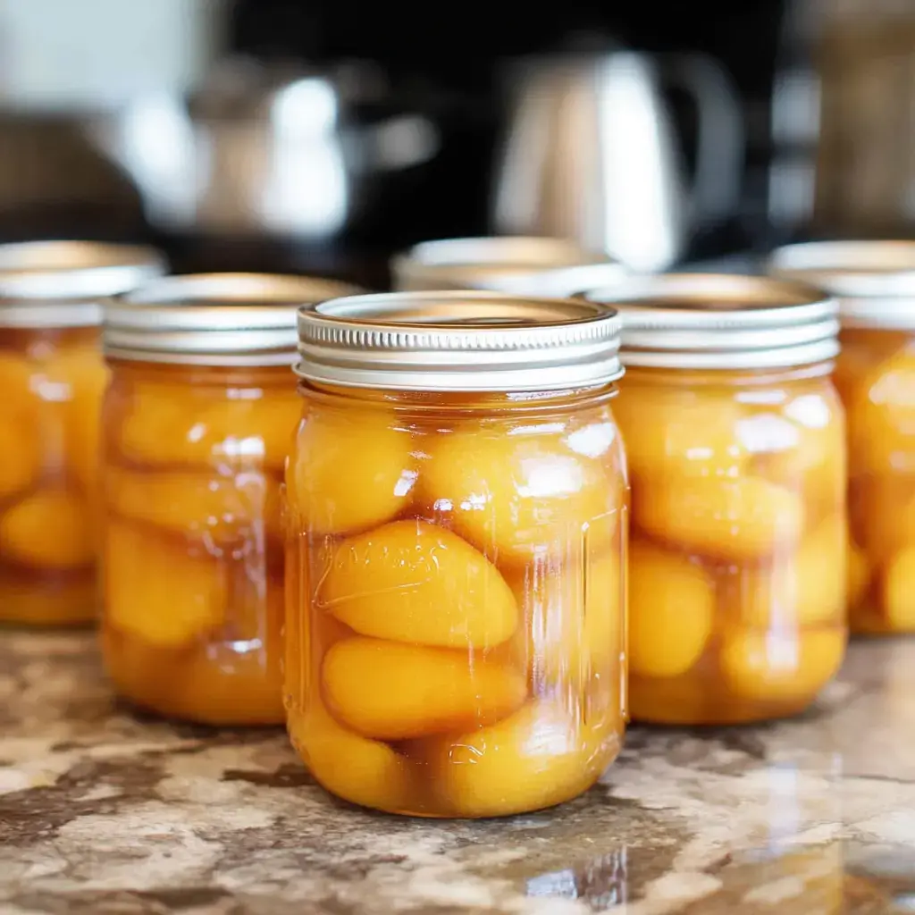 Several jars of canned peaches are lined up on a countertop, showcasing their bright yellow fruit in syrup.