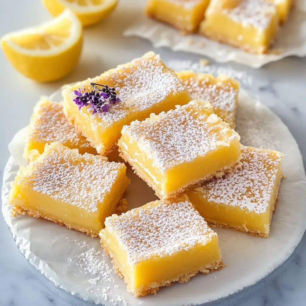 A plate of lemon bars dusted with powdered sugar and garnished with a small flower, surrounded by lemon halves.