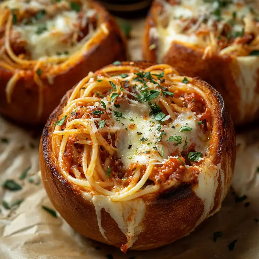 Three bread bowls filled with spaghetti, marinara sauce, and melted cheese, garnished with fresh parsley, sit on parchment paper.