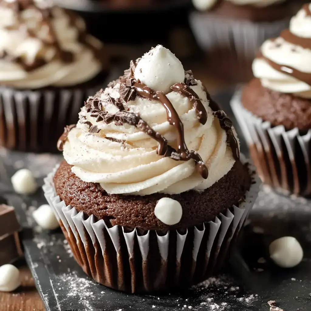 A chocolate cupcake topped with swirls of vanilla buttercream, chocolate drizzle, and chocolate shavings, set on a slate surface with a few white chocolate pieces nearby.