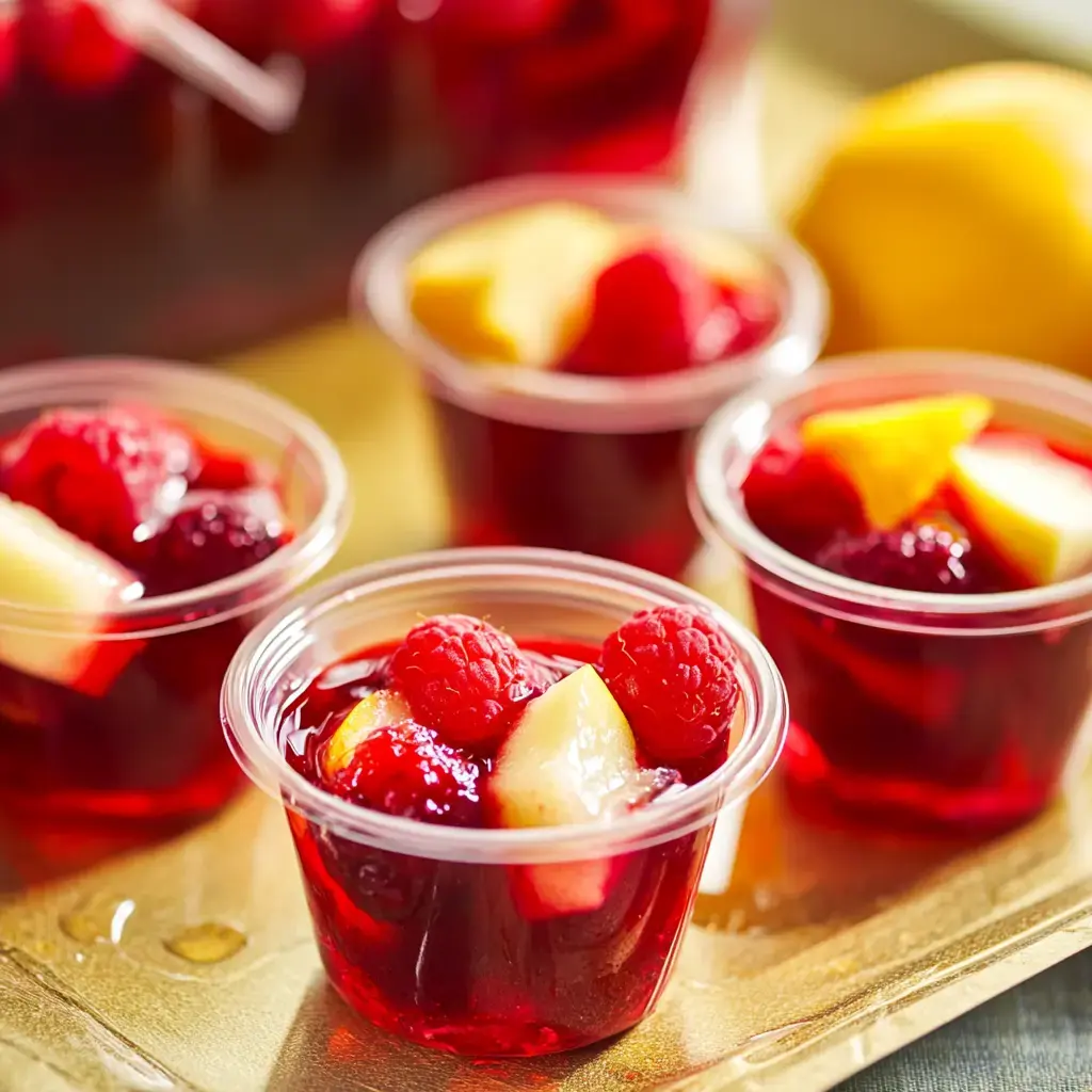 Colorful cups of red gelatin dessert filled with raspberries and chunks of fruit are displayed on a golden tray.