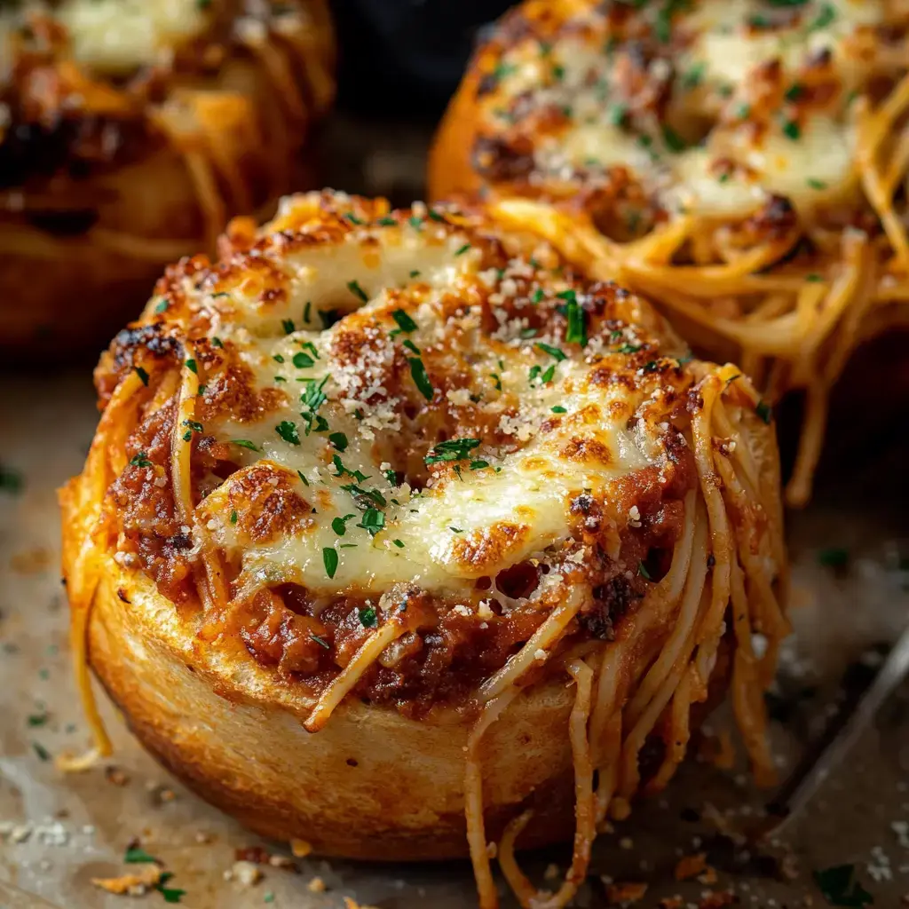 Baked spaghetti cups topped with melted cheese and garnished with herbs.