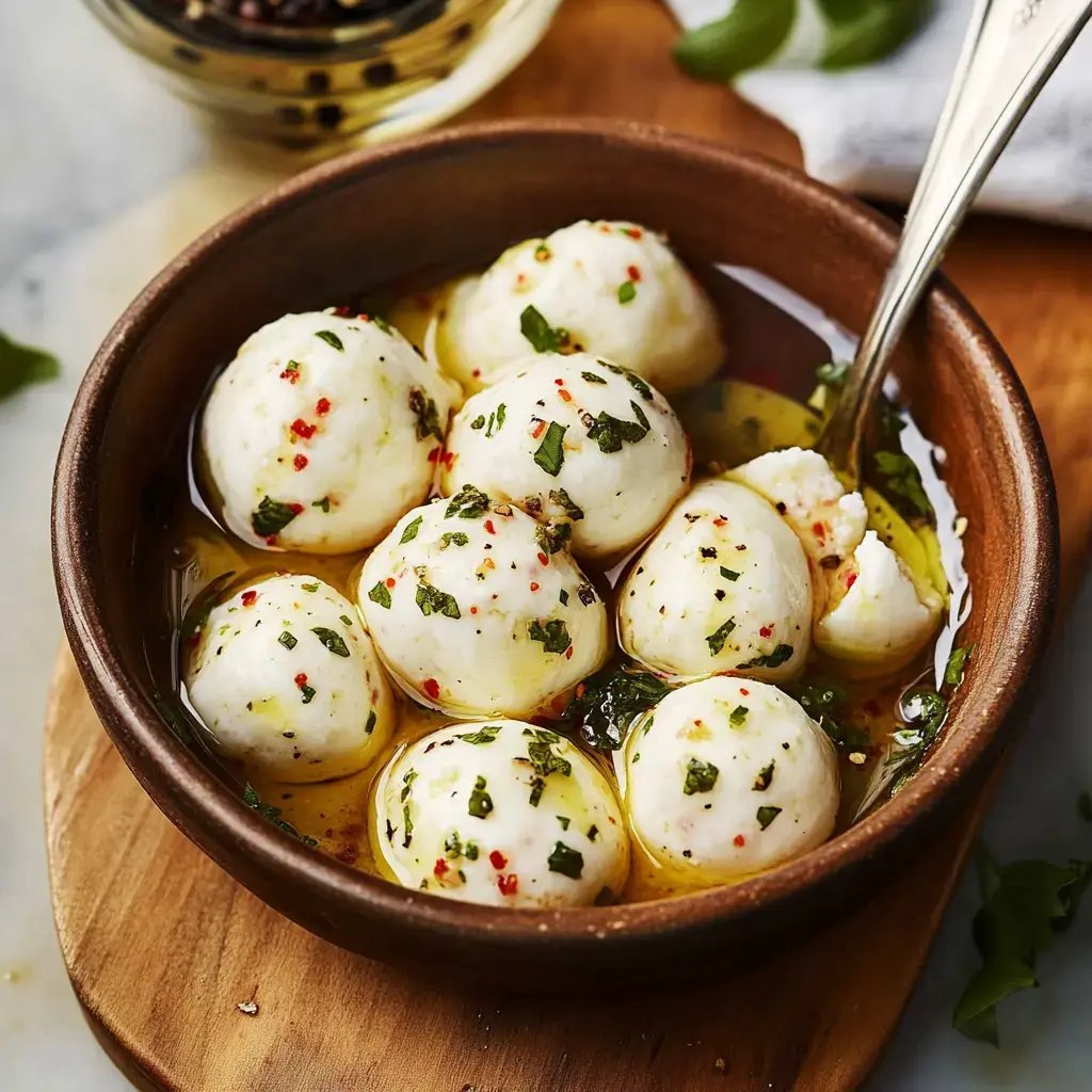 A bowl of marinated mozzarella balls garnished with herbs and spices, sitting in olive oil.