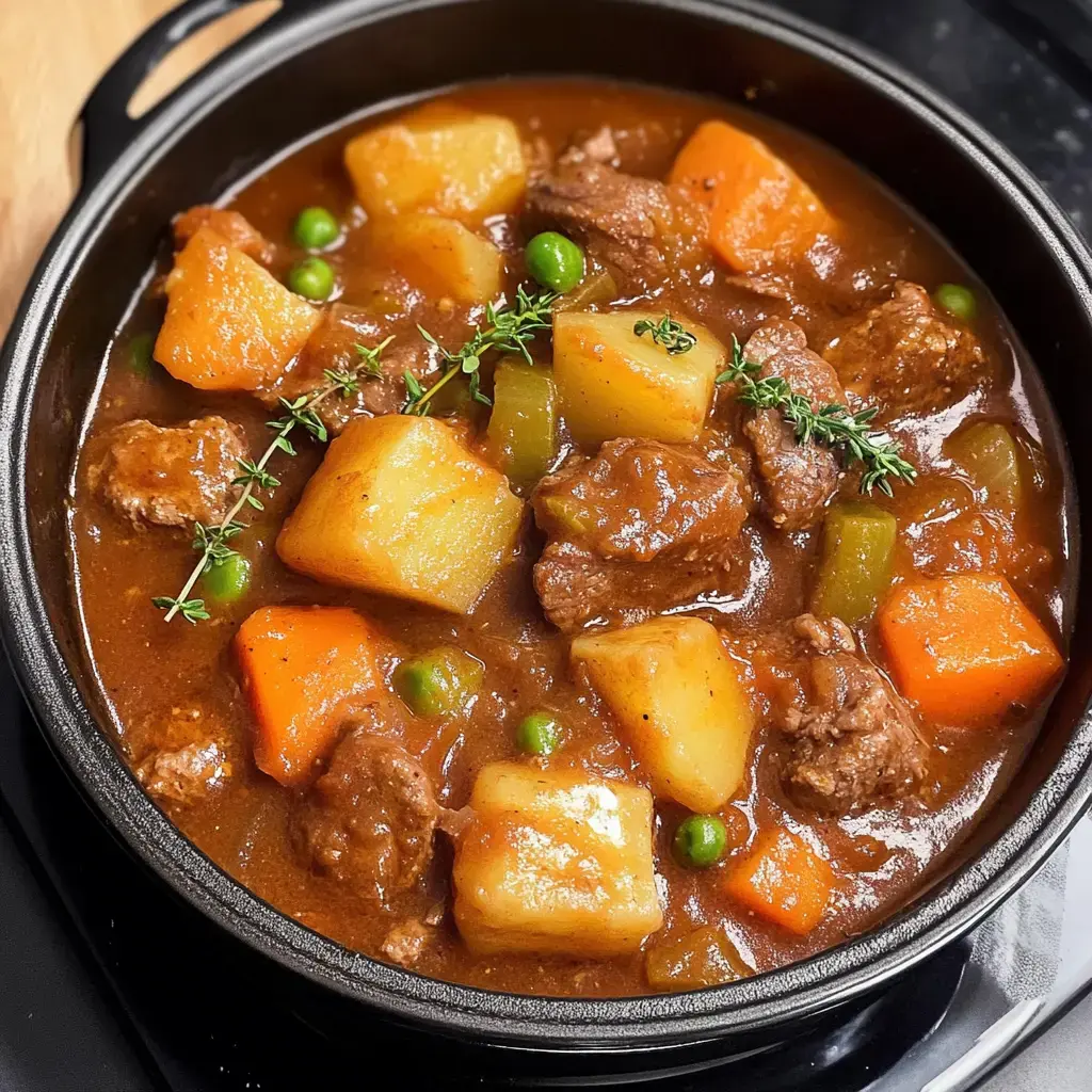 A close-up of a hearty beef stew with chunks of meat, potatoes, carrots, peas, and garnished with fresh thyme in a black pot.