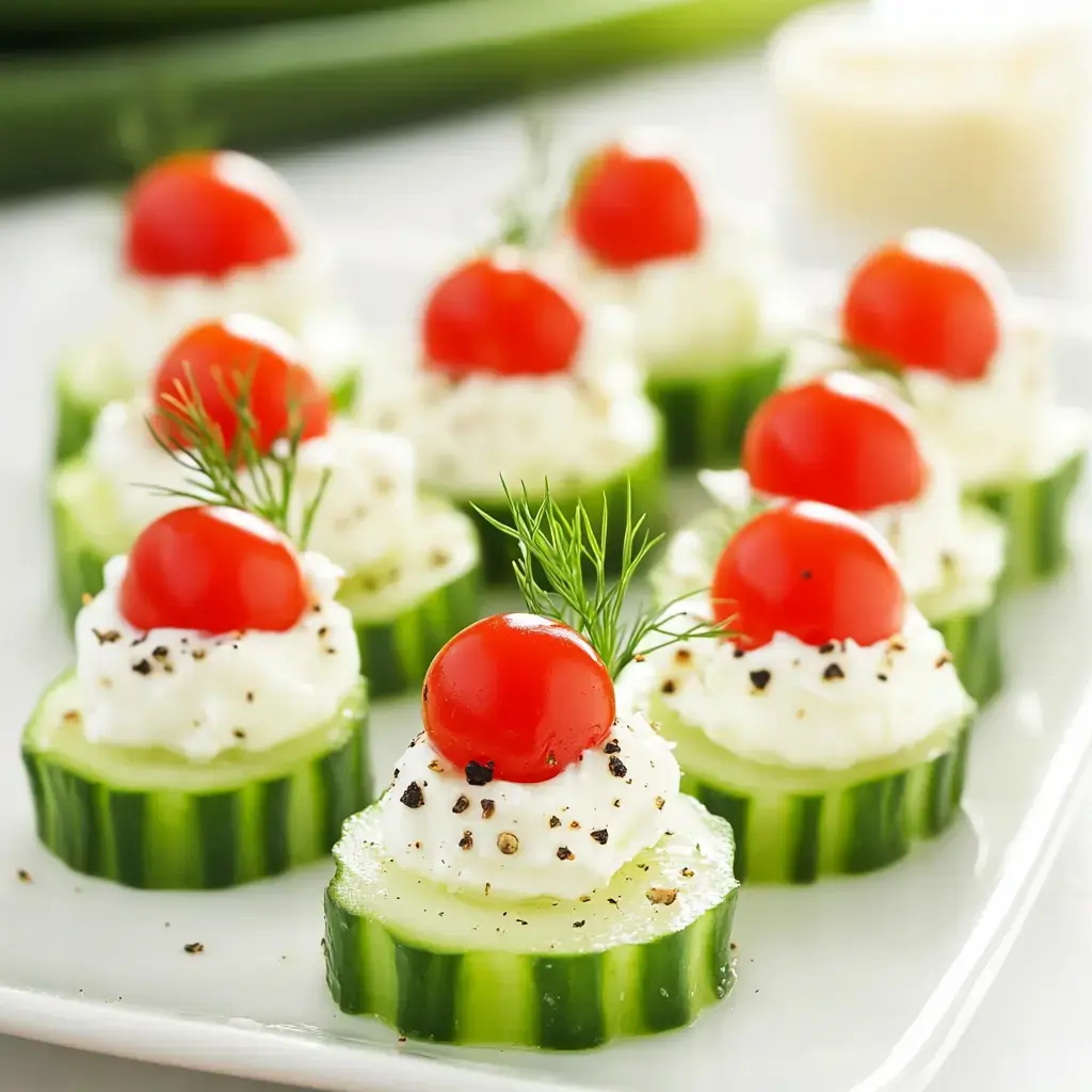 A platter of cucumber slices topped with cream cheese, cherry tomatoes, and dill, sprinkled with pepper.