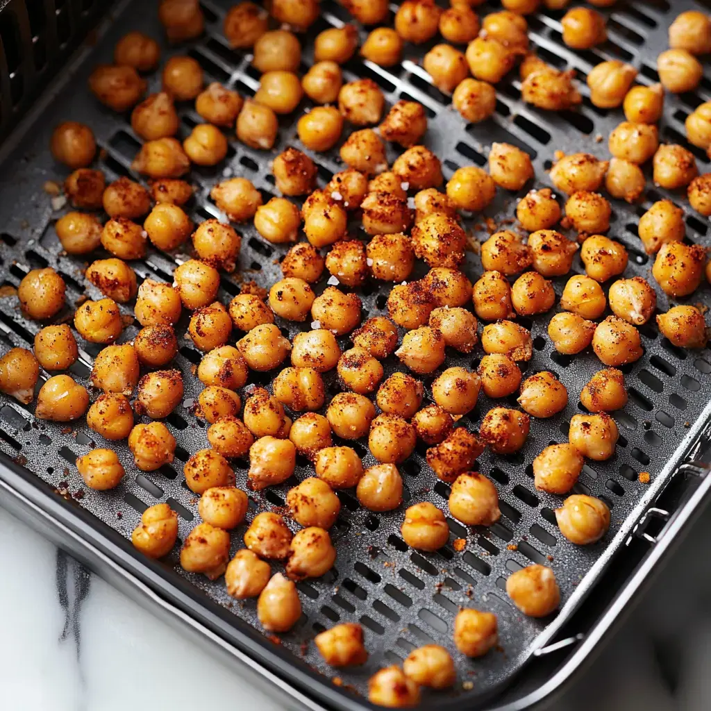 Roasted chickpeas are spread out on a metal tray, showcasing a crispy, golden-brown texture with some seasoning visible.