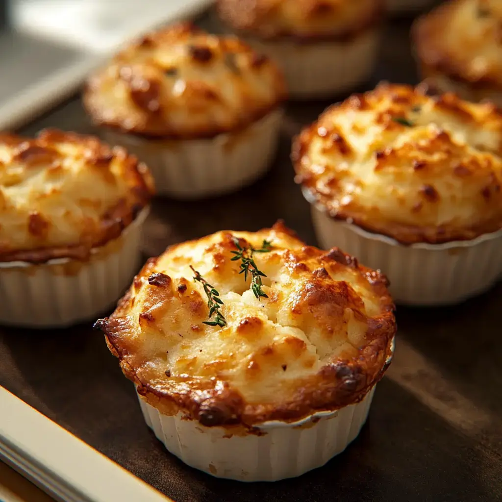 A close-up of golden-brown, cheesy potato soufflés topped with sprigs of thyme in white ramekins on a baking tray.