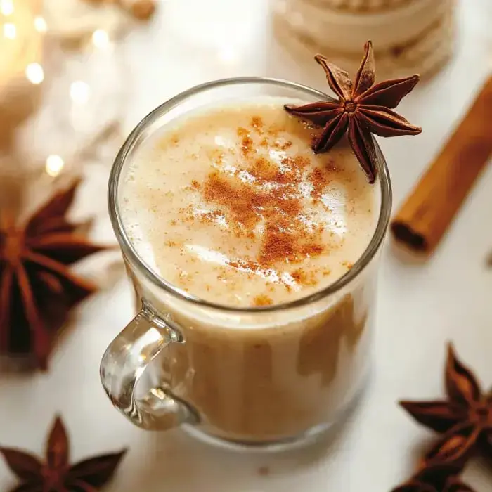 A close-up of a glass of creamy beverage topped with spices, including cinnamon and a star anise, surrounded by star anise pods and a cinnamon stick.