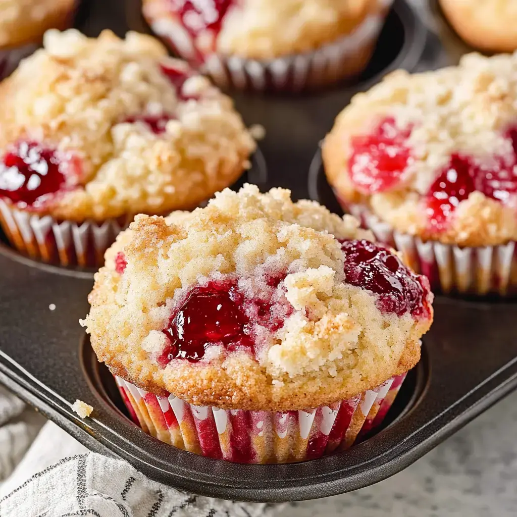 Freshly baked muffins with a crumbly topping and berry filling are arranged in a dark muffin tray.