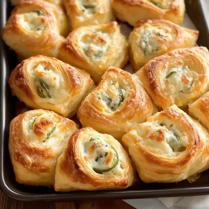 A tray of freshly baked pastry rolls filled with cheese and green herbs.