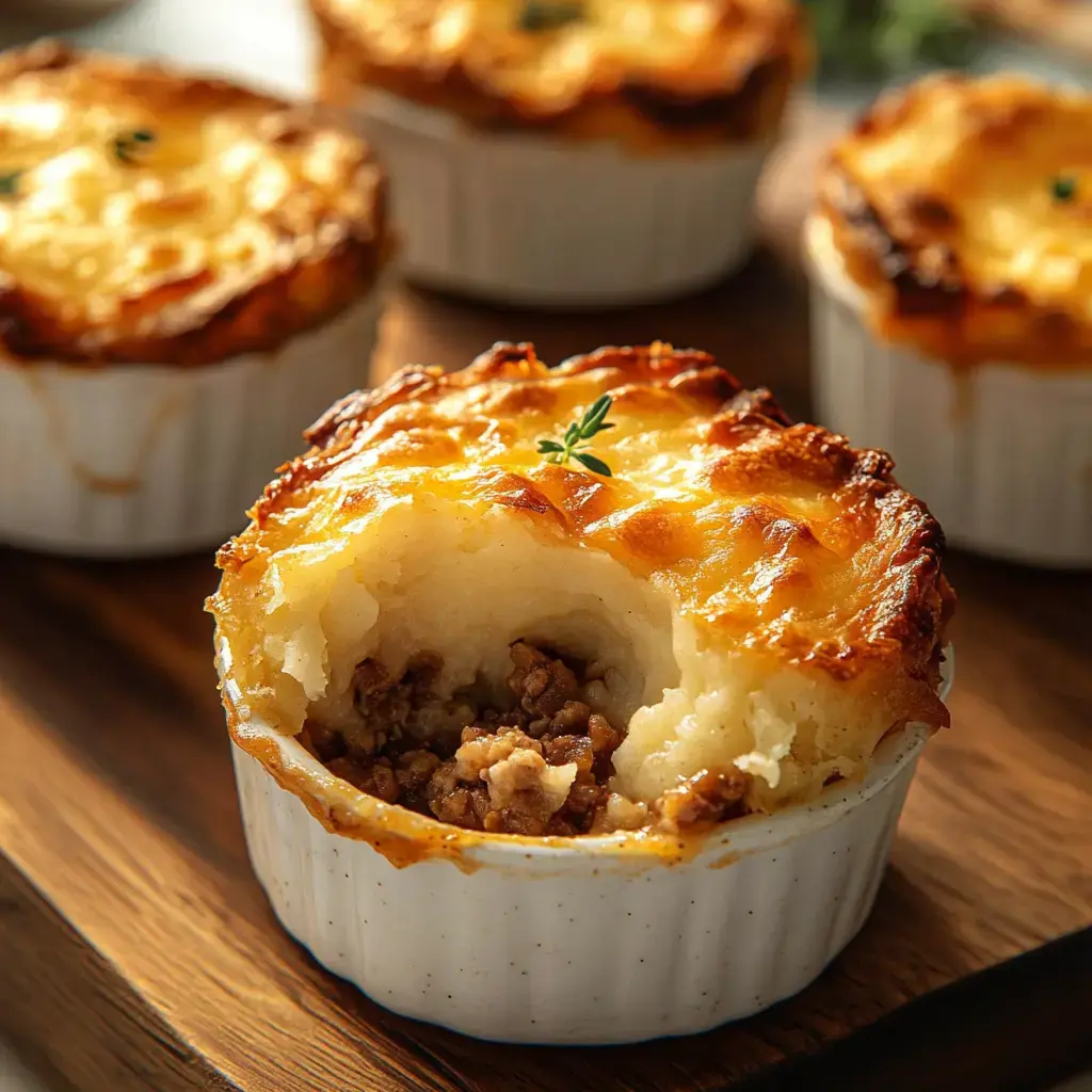 A close-up of a golden-brown shepherd's pie with a bite taken out, revealing the meat filling, set on a wooden board.