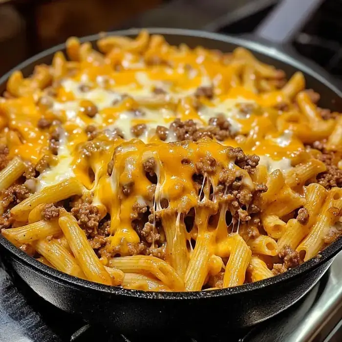 A skillet filled with cheesy baked pasta topped with ground beef and melted cheese.