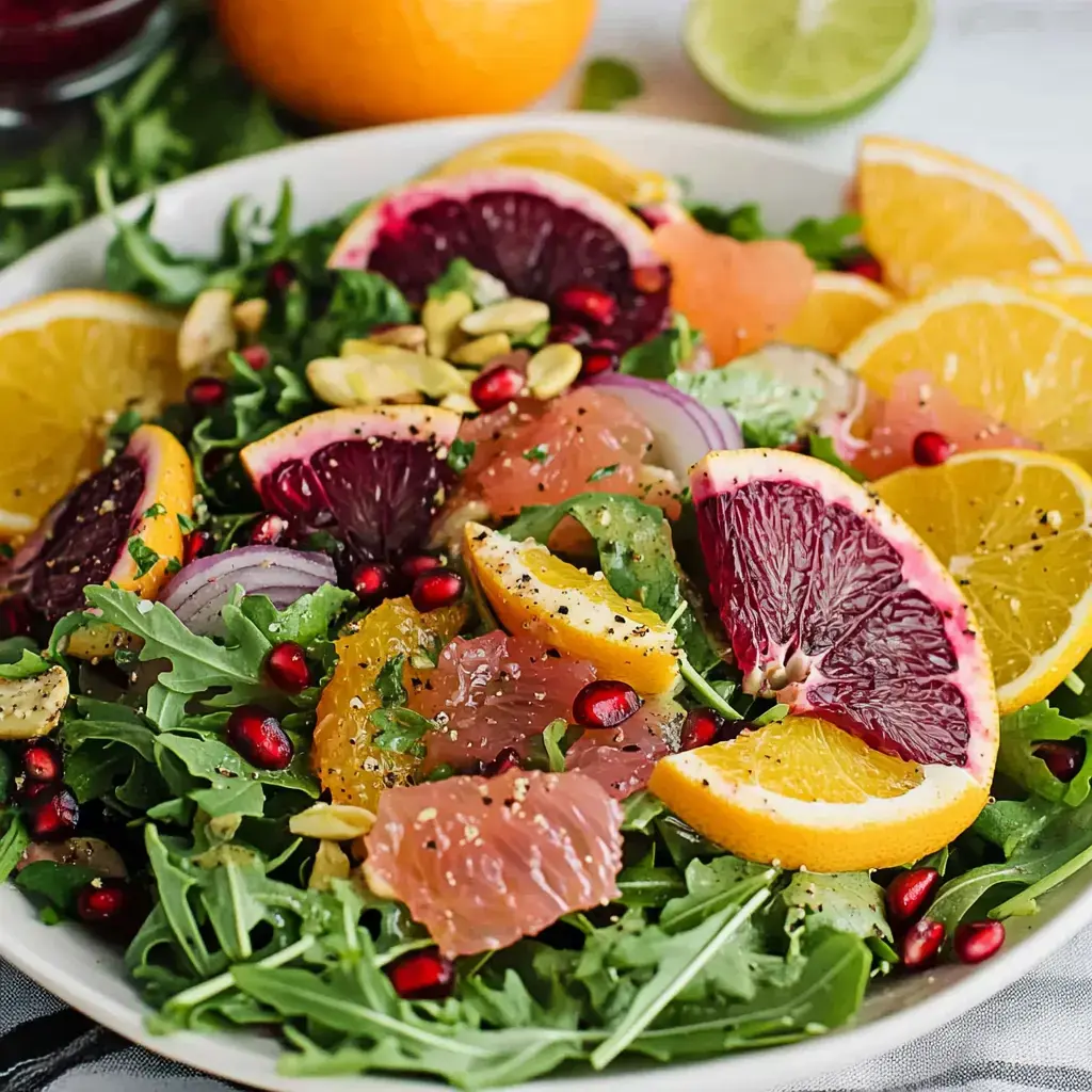 A vibrant salad featuring arugula topped with various citrus slices, pomegranate seeds, and pumpkin seeds on a white plate.