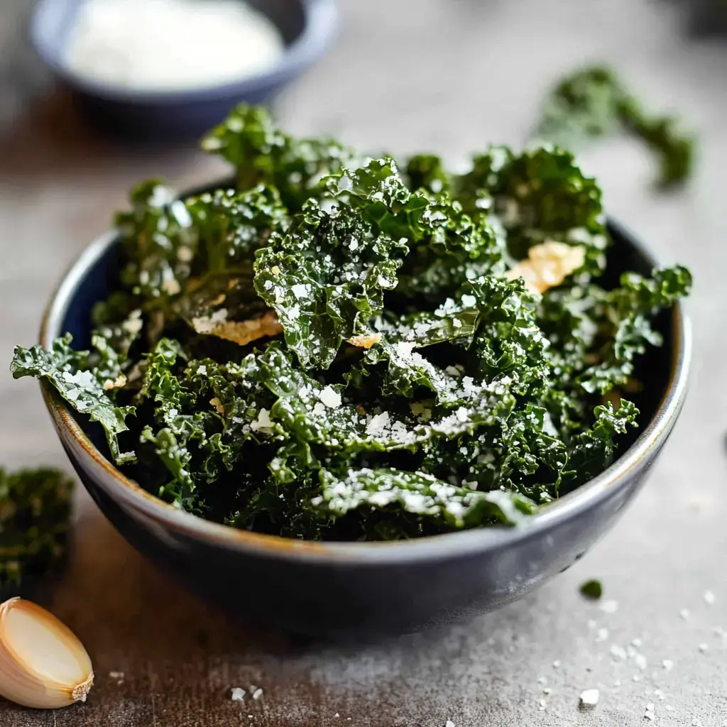 A close-up image of a bowl filled with fresh, seasoned kale leaves, sprinkled with coarse salt, alongside a garlic clove.