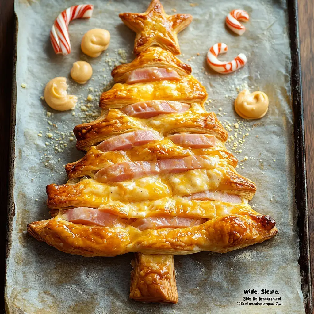 A festive pastry shaped like a Christmas tree, topped with ham and cheese, surrounded by decorative candy canes and dollops of sauce on a baking sheet.