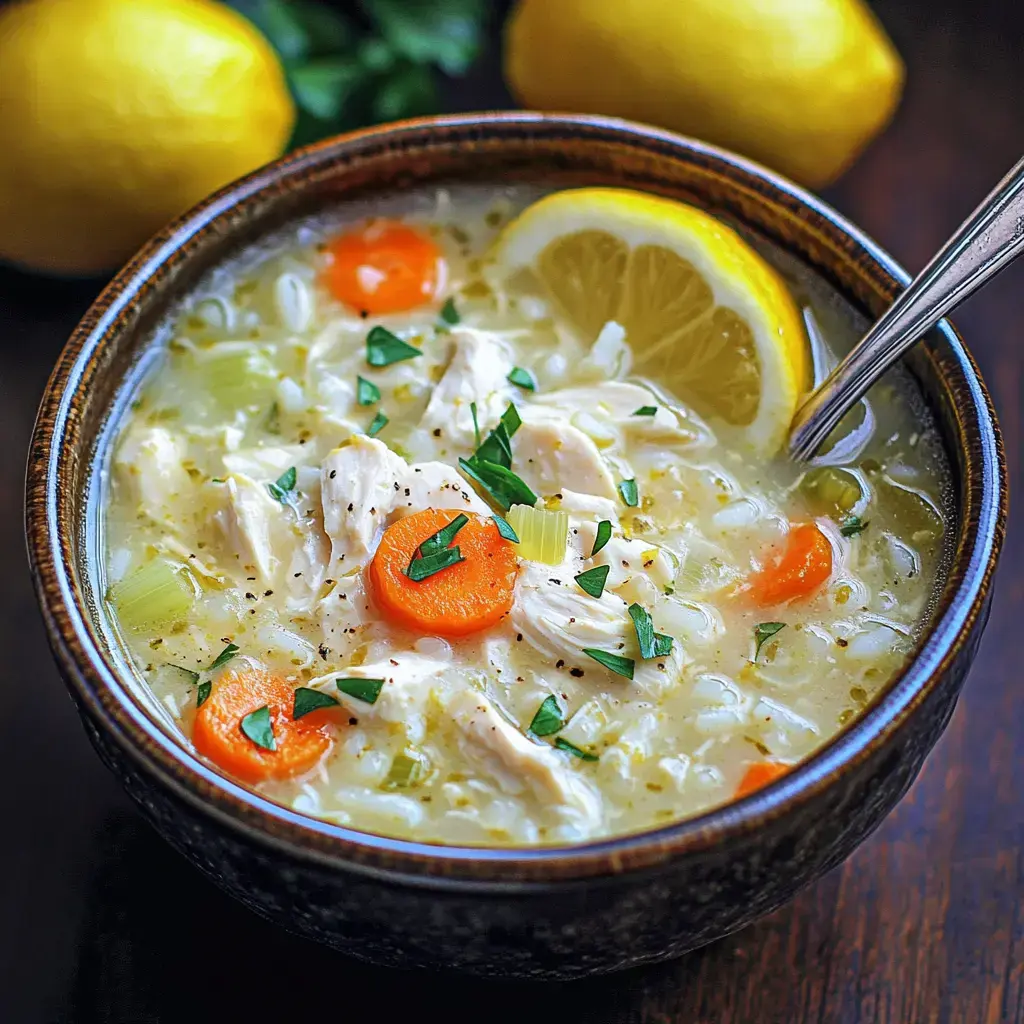 A bowl of chicken soup with pieces of chicken, carrots, and parsley, garnished with a lemon slice, is set against a dark wooden background.