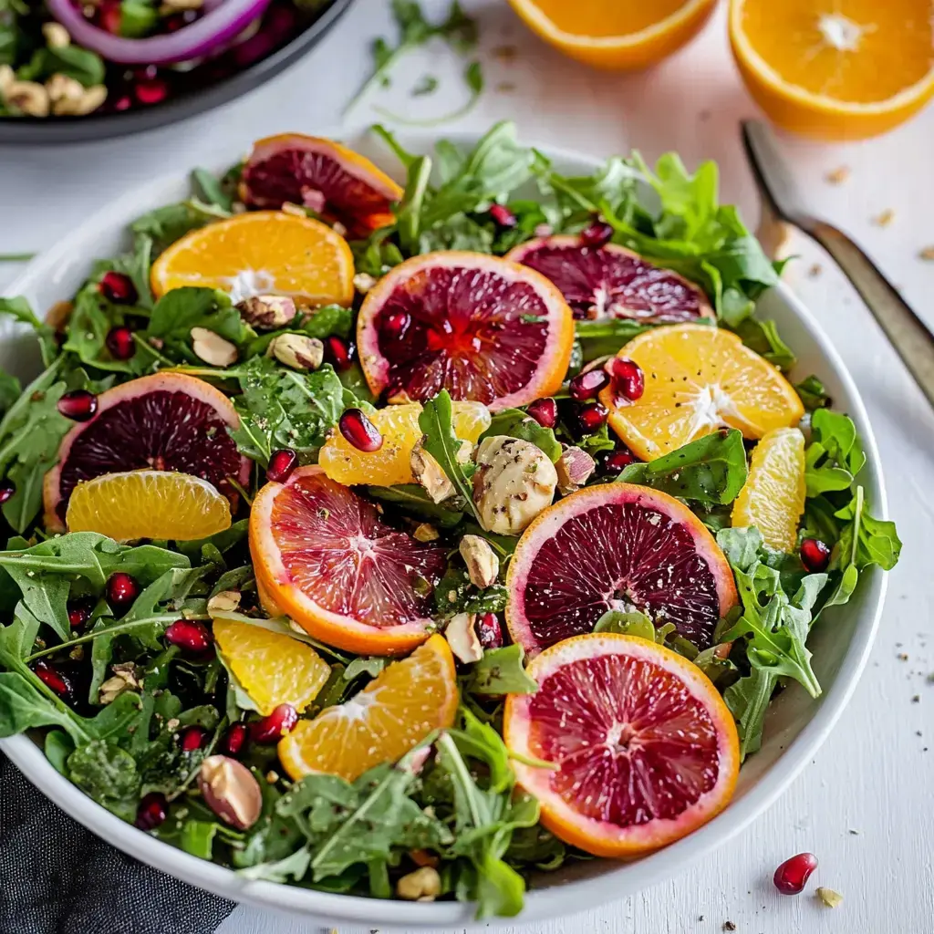 A vibrant salad featuring arugula, slices of blood oranges and regular oranges, pomegranate seeds, and chopped pistachios, garnished with herbs.